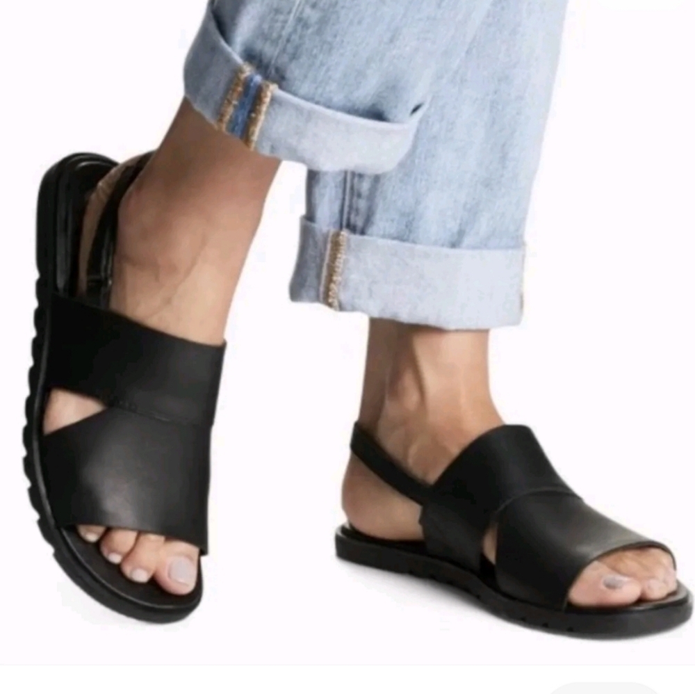 Sorel Ella II Slingback Sandals Black Leather Size 10.5